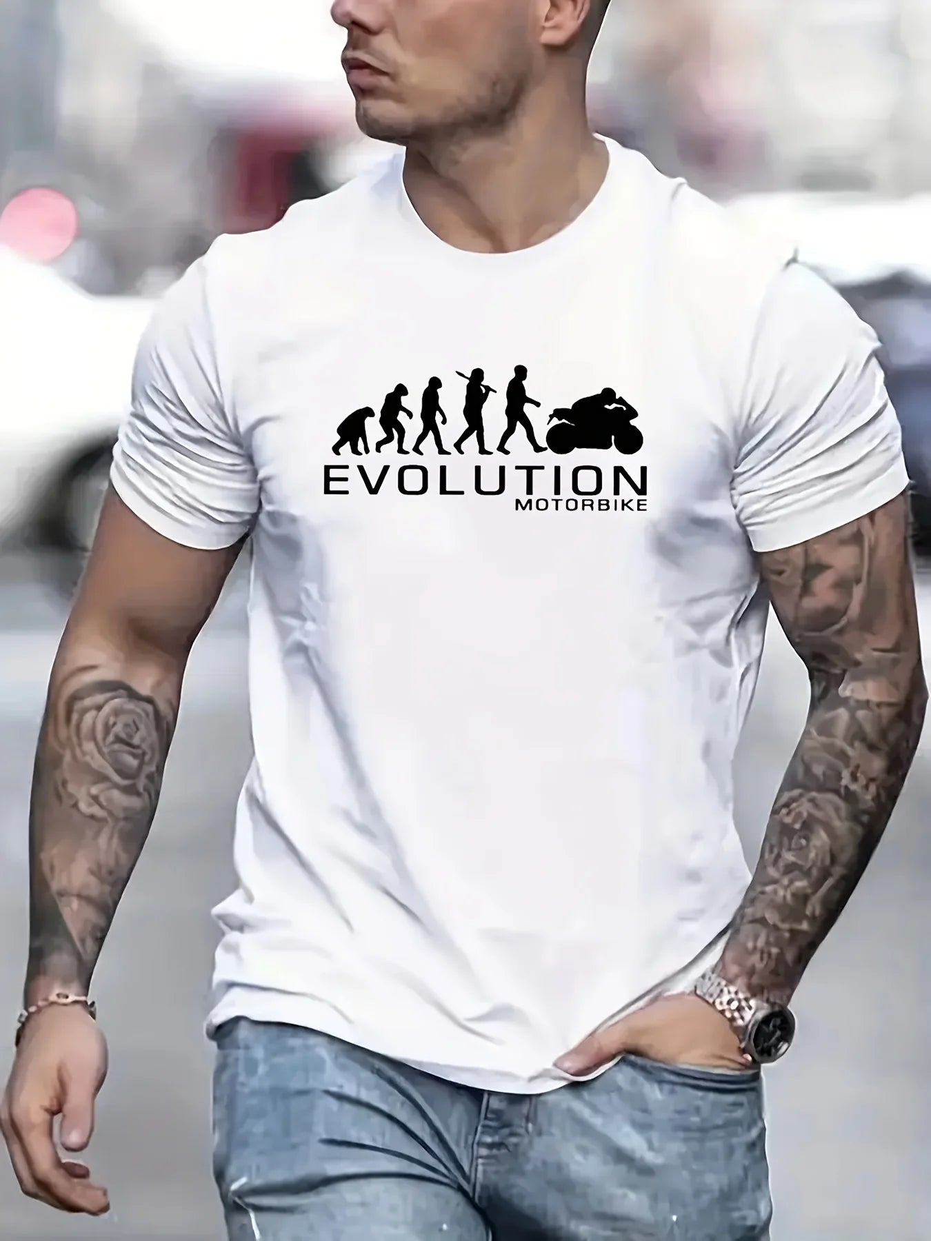 🏍️ Men’s Summer 100% Cotton Casual T-Shirt,Evolution Motorcycle Print | Loose Fit | Round Neck | Breathable Comfort