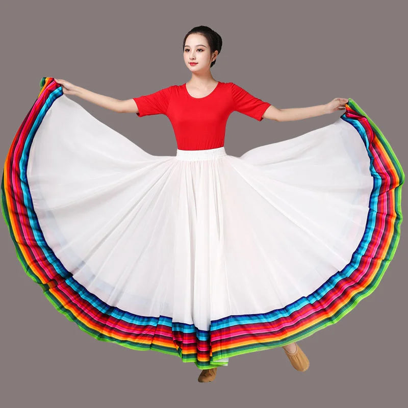 Streetwear Elegant Dance Performance Skirt Women Chiffon Skirts Rainbow-edge Elastic-Waist 720-Degrees Square Danc Maxi Skirts