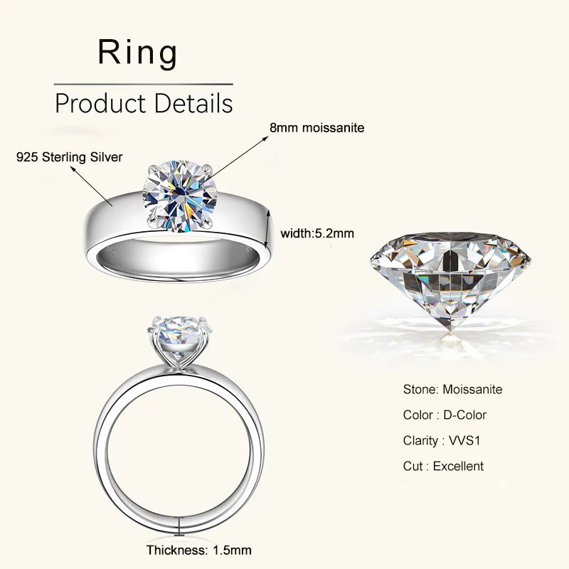 Lnngy 8mm Moissanite Solitaire Ring Certified 925 Sterling Silver Wide Chunky Rings For Women Girls Wedding Party Jewelry Gift