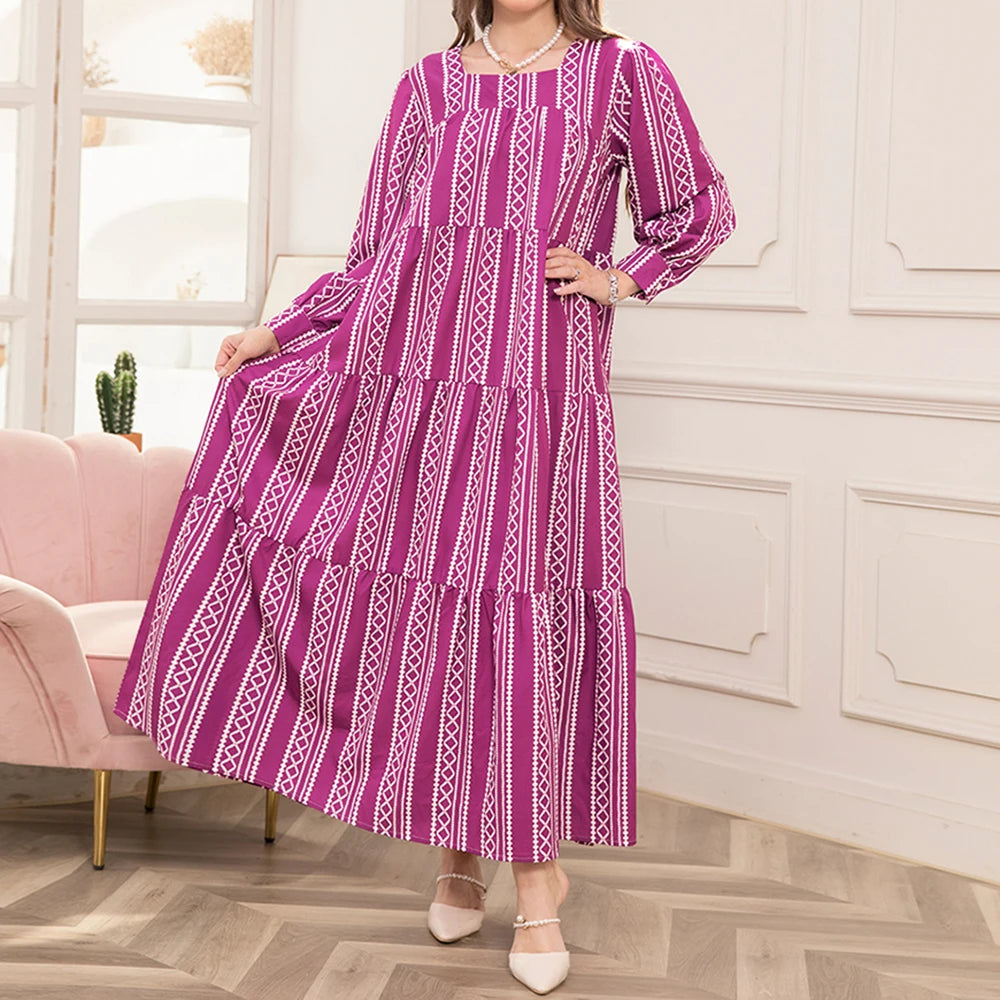 Rafiah Summer Arabian Dress 2025 Casual Basics Stripes Long Sleeve Square Neck A-Line Midi Long Dress For Women