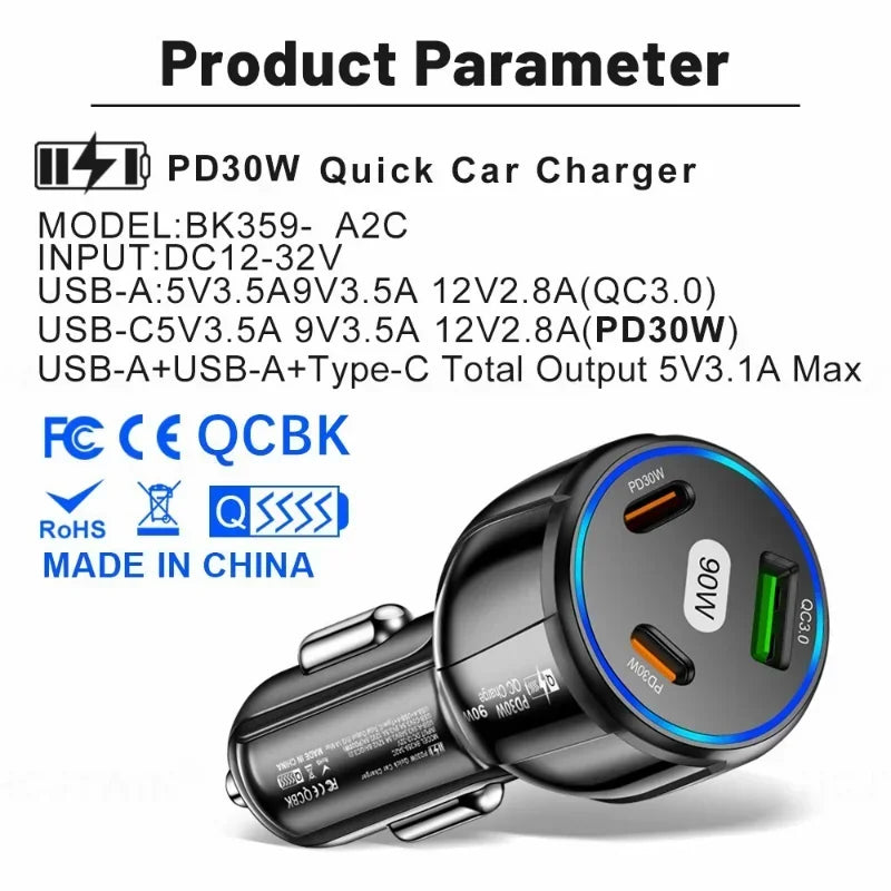90W Fast Charger 3 Ports PD USB Car Charging Mobile Phone Type-C Adapter Quick Charger in Car for iPhone 14 15 Pro/Max Samsung