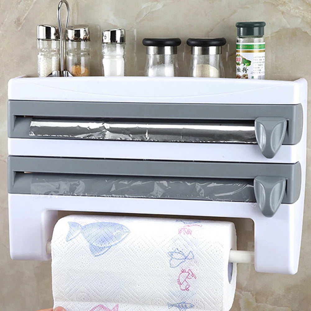 ABS Material Wall Mounted Kitchen Cling Film Dispenser with Cutter, Cling Film Aluminum Foil Roll Holder Paper Towel Holder Grey