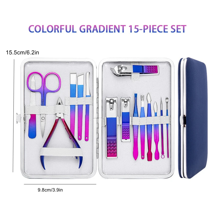 7/10/12/15Pcs Stainless Steel Manicure Kit Nail Clippers Set Manicure Professional Grooming Care Tool Leather Travel Case Luxury