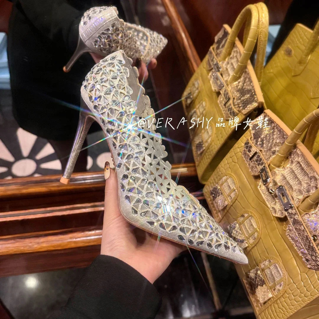 Rhinestone Pointed High Heels Pumps Women Crystal Hollow Slip On Stiletto Heel Banquet Dress Single Shoes 8cm