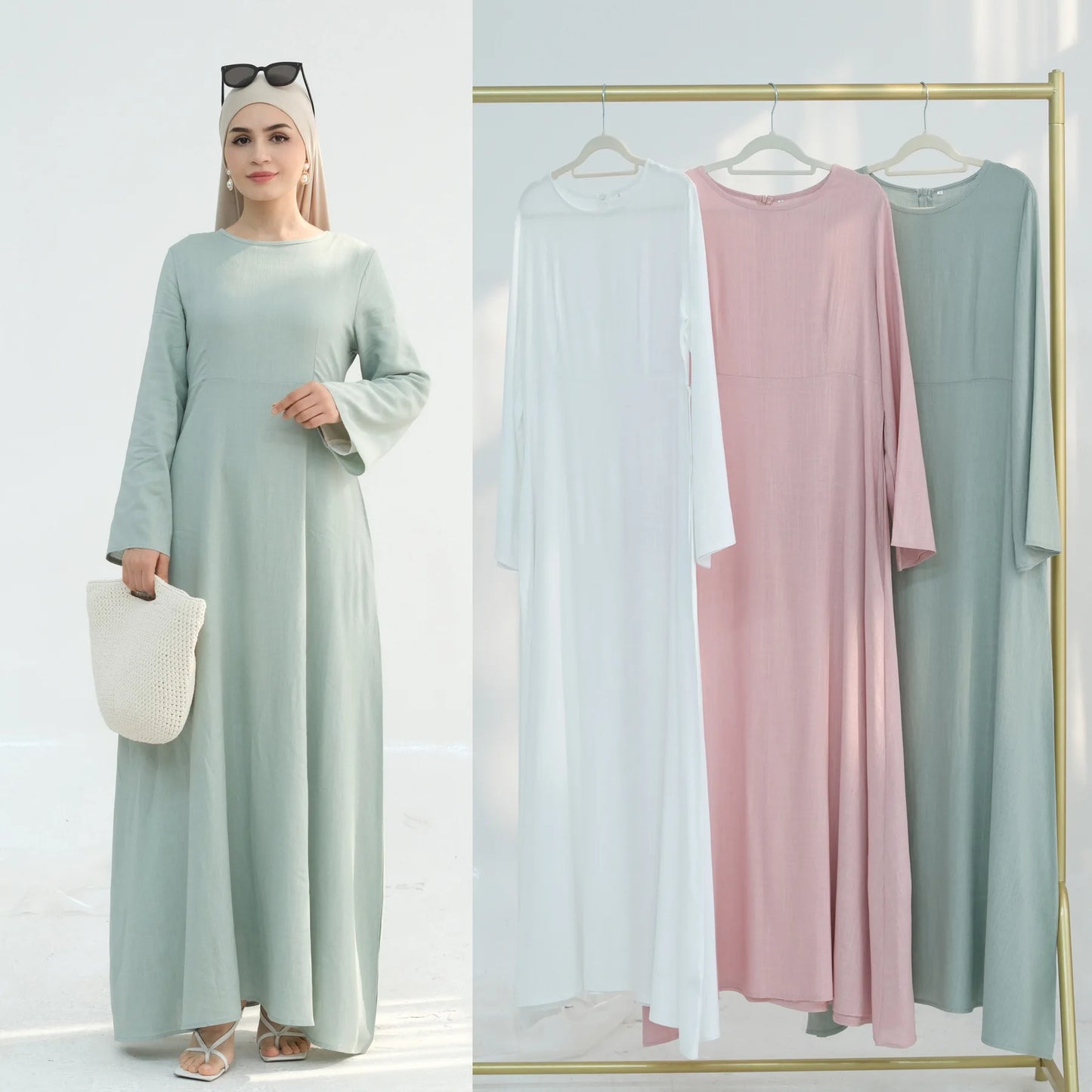 2025 Linen Pink Abaya Eid Ramadan Modest Maxi Dress Solid Color Robe Arabe Elegant Women Muslim Dresses Caftan Marocain Femme
