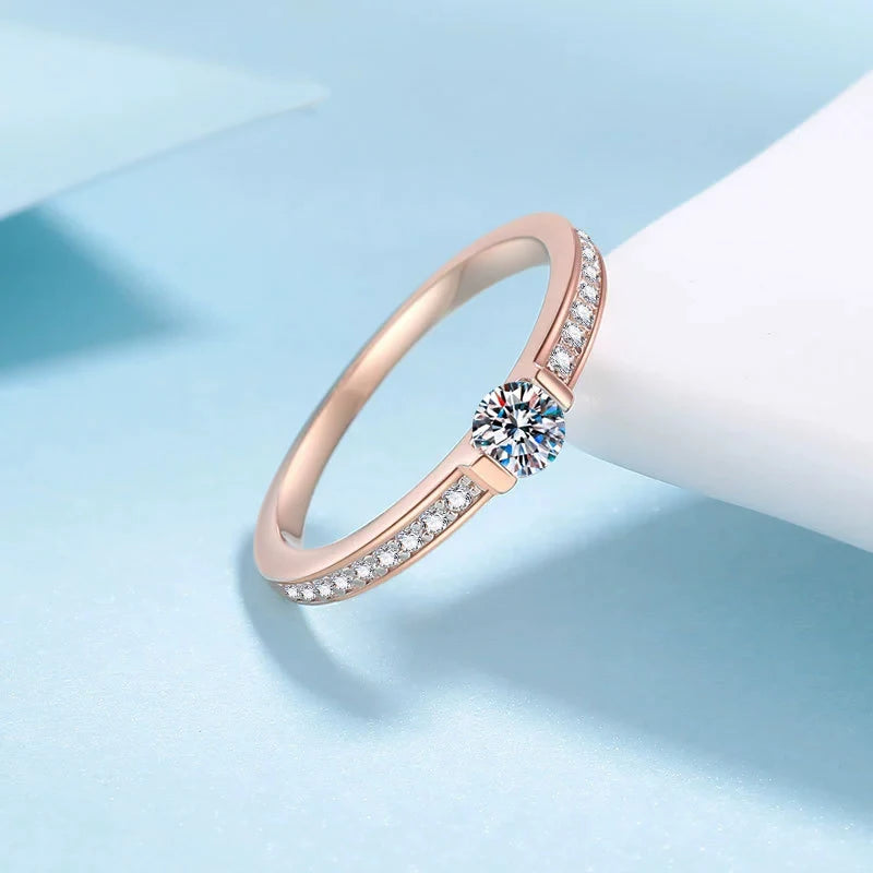 Tezzc 0.3ct D Color Moissanite Eternity Ring 925 Sterling Silver Women Ring Champagne color Commitment Wedding Jewelry With GRA