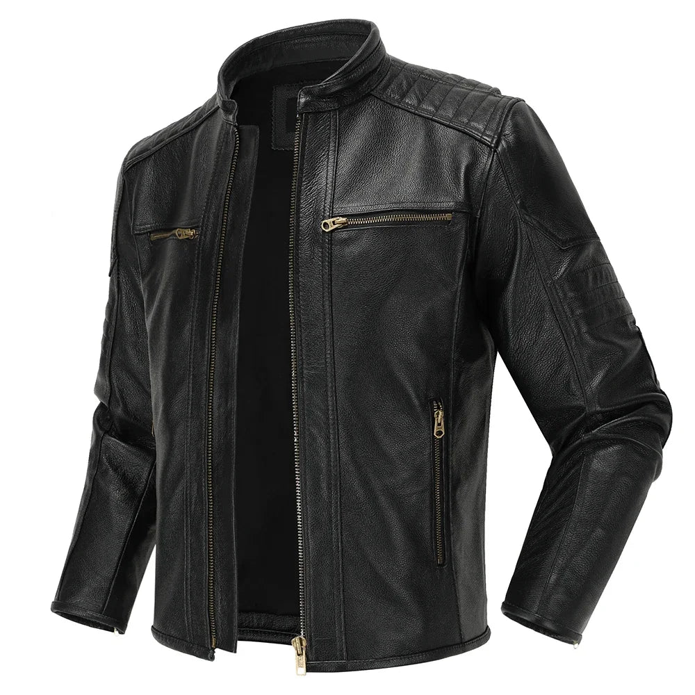 Men's Natural Leather Jacket First Layer Calfskin Stand Collar Motorcycle Jacket Retro Brown Cowhide Jacket Men‘s Biker Clothes