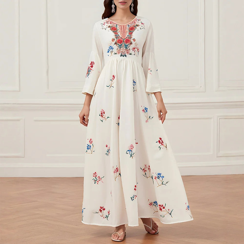 Rafiah Summer Dresses 2025 Women's Flower Graphic Printing Long Sleeve V-Neck Fit and Flare Arabian Midi Dress