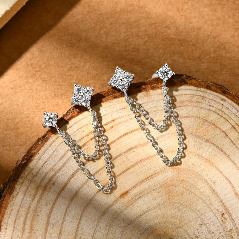 Lnngy 925 Sterling Silver Double Studs Chain Tassel Earrings GRA Certified 3mm&2mm Flower Moissanite Drop Earring For Women Gift
