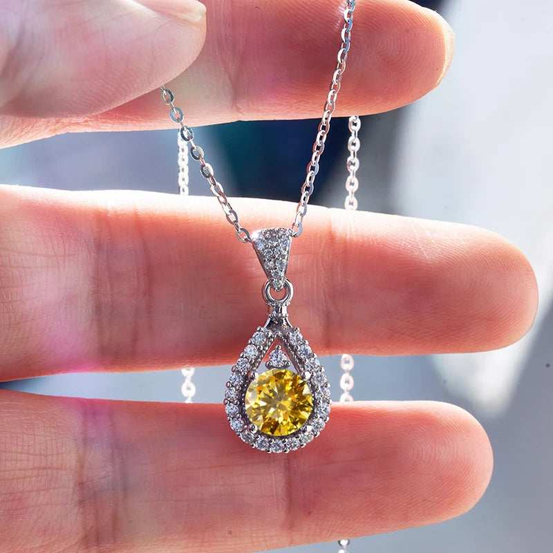 JoyceJelly 1CT Colorful Moissanite Necklace Sterling Silver 925 Jewelry Female Water Drop Shaped Pendant Top Quality Dating Gift