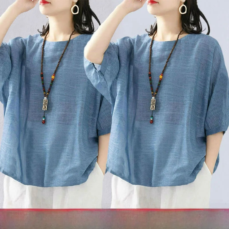 plus Size Women's Cotton T-irt ort Sve Summer New Sle Pure Linen Mid-Age Women's Faionable Commute Ethnic Sle Lo...