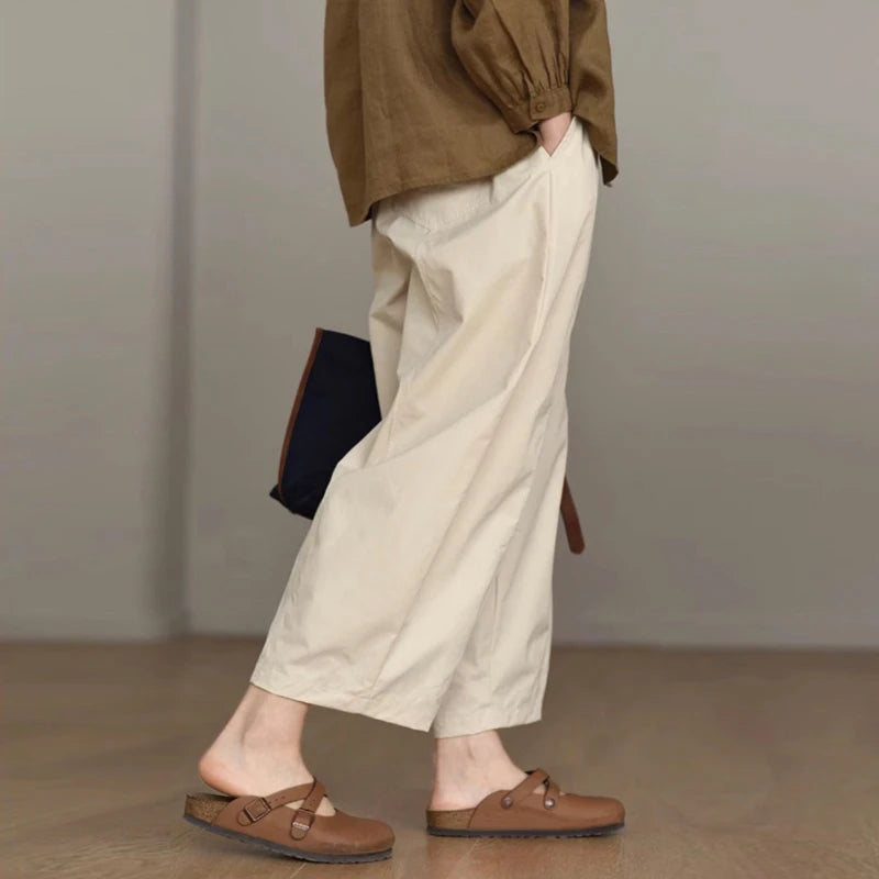 Retro Workwear Wide Leg Pants Women's High Waist Loose Casual Versatile Nine Point Straight Cut Carrot Pants Artistic Sle