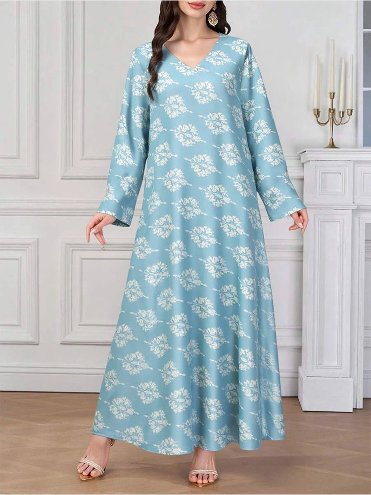 Rafiah Women's Summer Arabian Dress Comfortable Full Print Long Sleeve V-Neck Casual Loose Fit Long Dresses Evening Dresses 2025