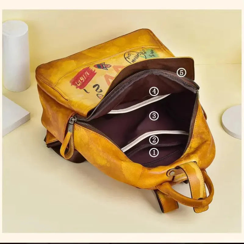 MOTAORA 2025 New Retro Genuine Leather Backpack For Women Hand-painted Graffiti Design Cowhide Travel Bag For Everyday Use