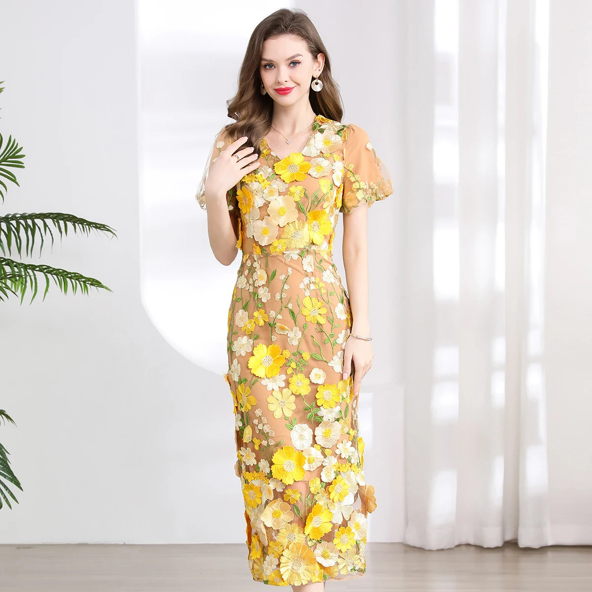 Summer High-end Embroidery Lace Prom Dress Women French Luxury 3D Flower Short Sleeve Long Dress Party Bodycon Holiday Vestido