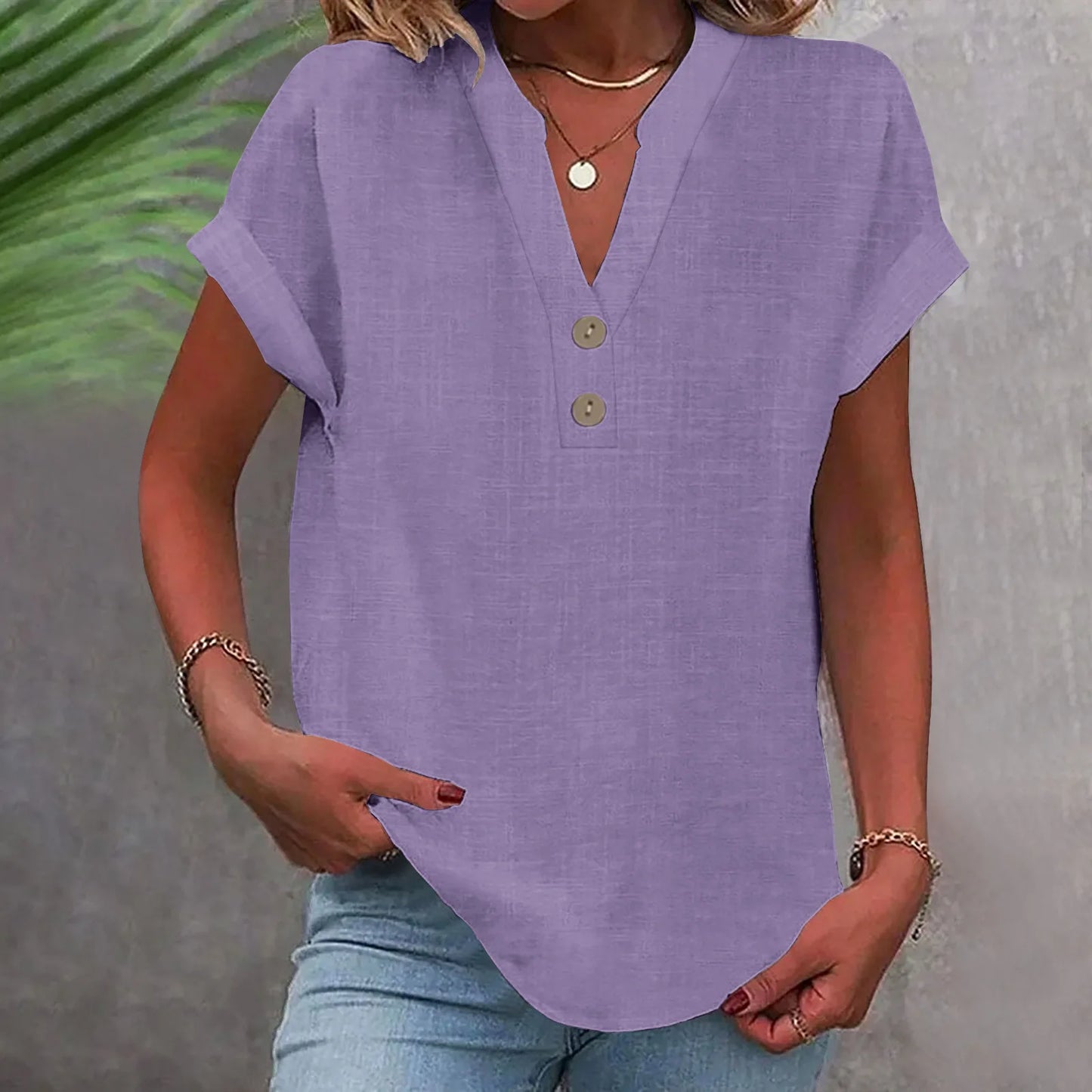 Cotton Linen Short Sleeved Breathable Shirt Summer Solid Color Fashion Stand Up Collar Button Down Women's Casual Office Shirt