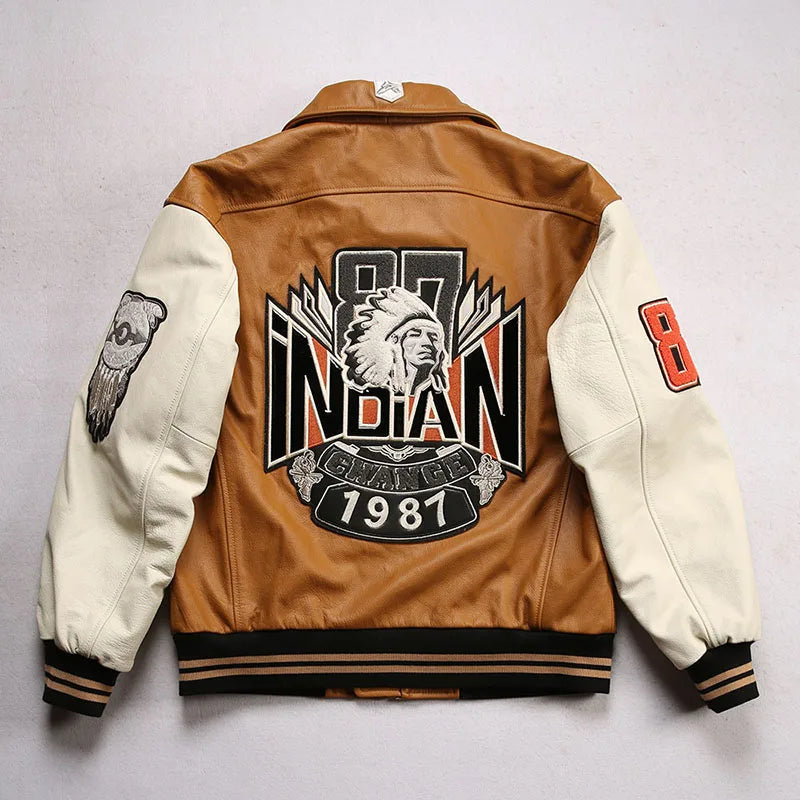 Men large size leather jacket flight suit jacket printed big chief embroidery casual sports yellow cowhide leather jackets tops