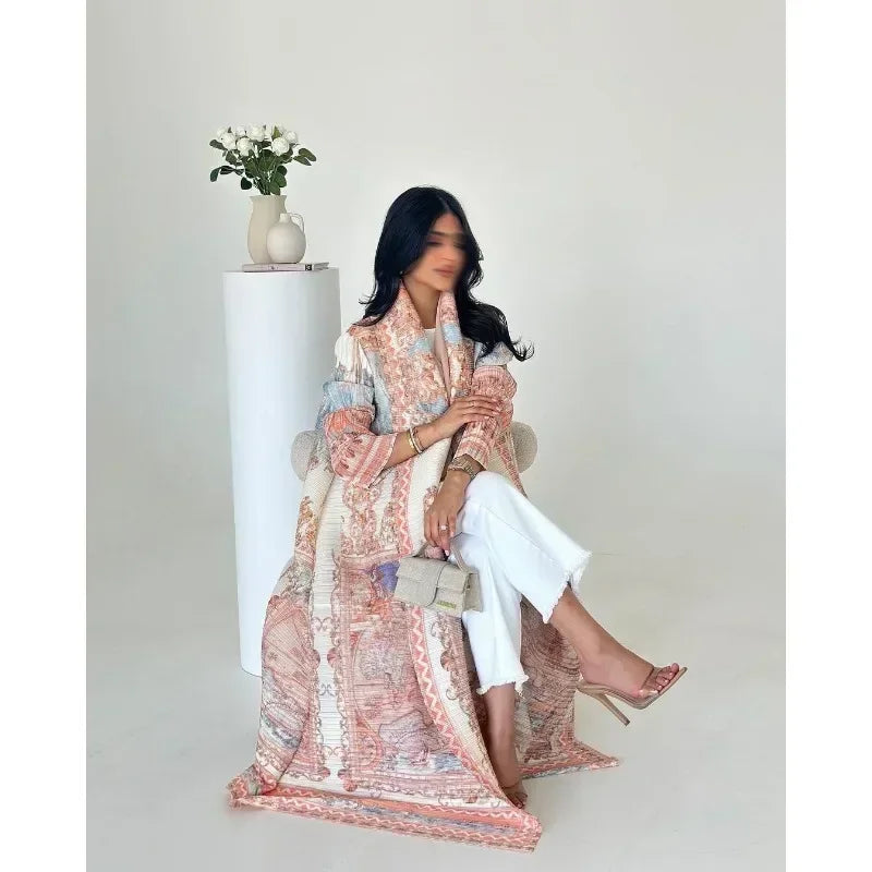 KAF Pleated Women Trench Coat Vintage Printed Cardigan Design Loose Plus Size Women Long Dress Dubai Female Luxury Abaya 2024