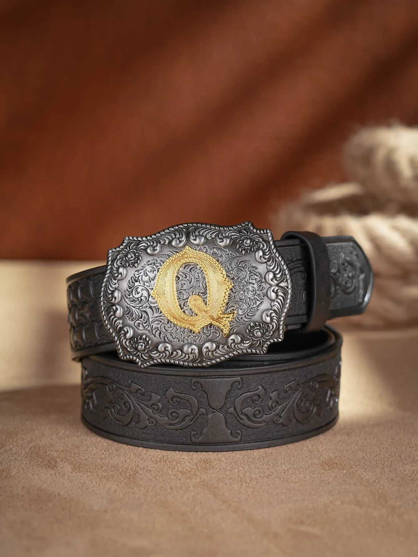 Western Cowboy PU Leather Belt - Men Waist Strap Bull Decoration Floral Engraved for Jeans