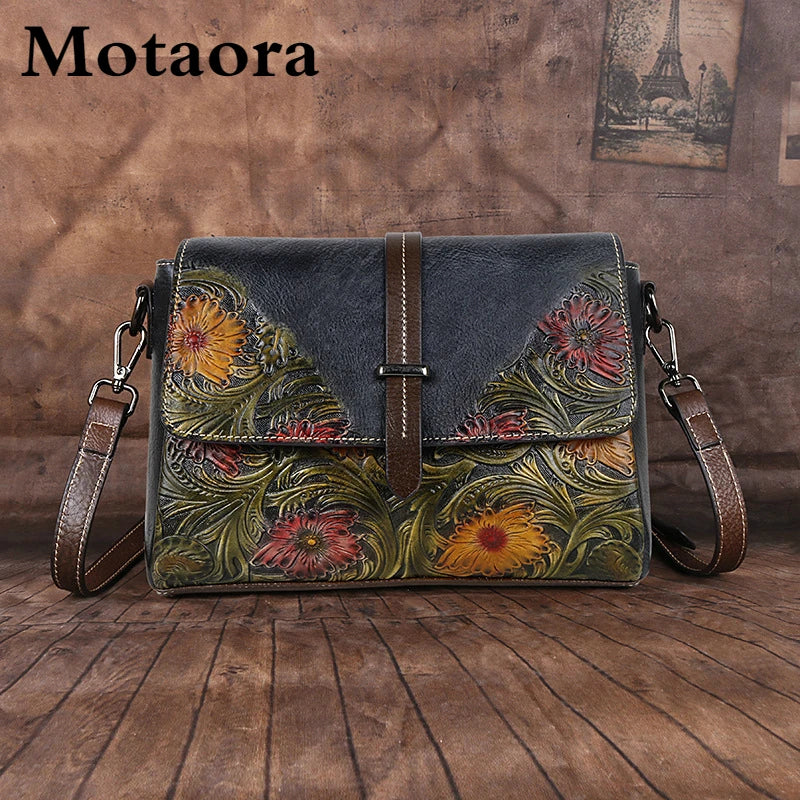MOTAORA Women Shoulder Bag Genuine Leather Handbag Female Luxury Handmade Embossed Vintage Flap Bag High Quality Messenger Bags