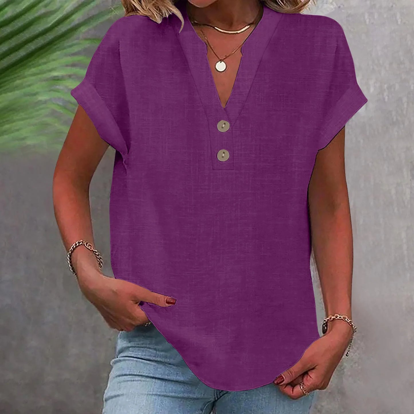 Cotton Linen Short Sleeved Breathable Shirt Summer Solid Color Fashion Stand Up Collar Button Down Women's Casual Office Shirt