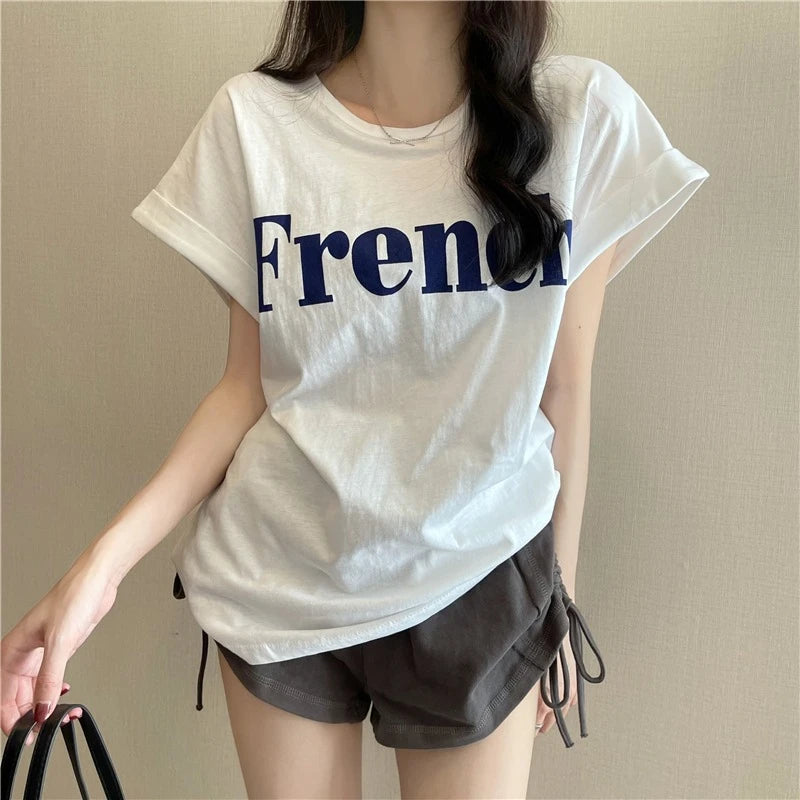 Loose ort Sve T-irt Women's Summer Thin Design Sense Hong Kong Sle Chic Retro Top Trendy round Ne Polyester ...