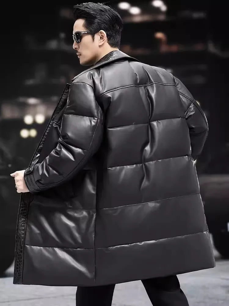 Winter Mens Sheepskin Genuine Leather Down Coat Thicken Warm Single Breasted Turn-Down Collar Medium Length Overcoat Size 5XL