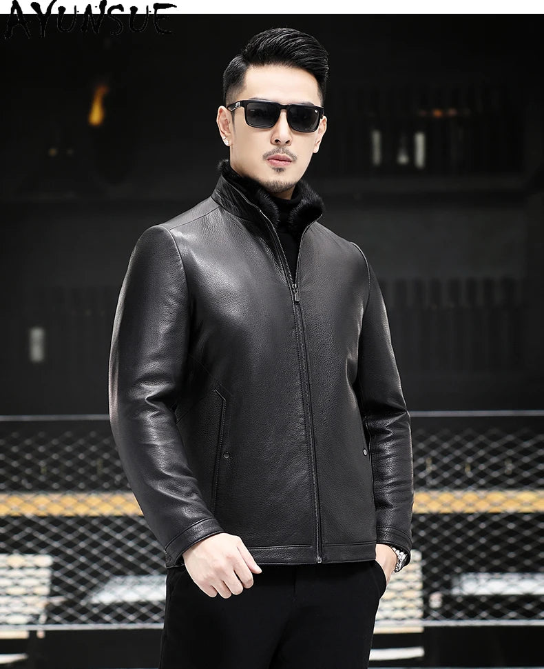 AYUNSUE 100% Real Goatskin Men Leather Jacket Stand Collar Detachable Down Liner and Mink Fur Liner Jackets Winter Mens Fur Coat