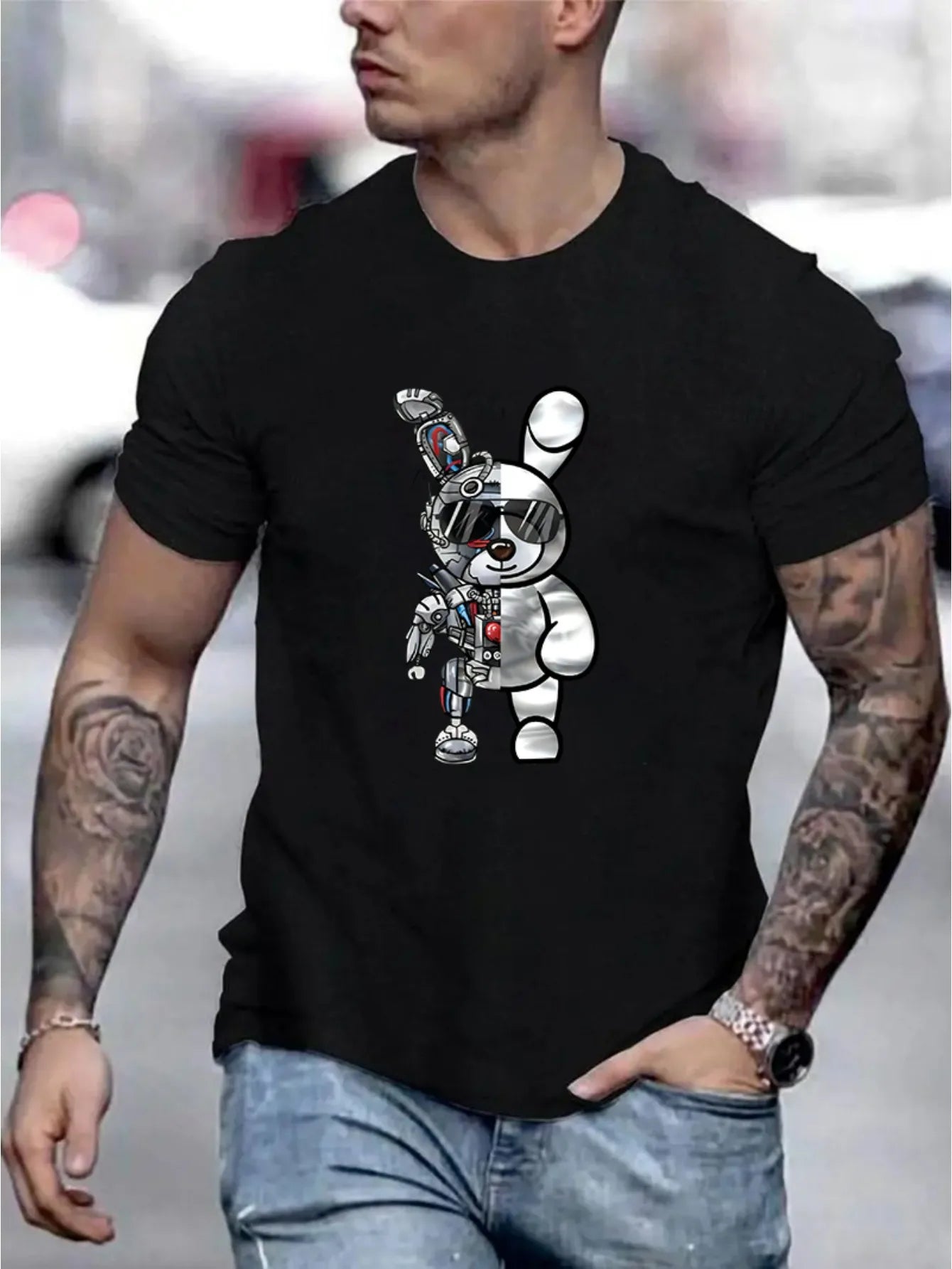 Men's summer 100 cotton fashionable casual loose cartoon mechanical Robot 🤖 Rabbit pattern printed round neck short sleeved T-shirt top