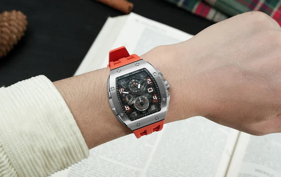 TSAR BOMBA Luxury Mens Watch Top Brand Wristwatch Tonneau Clock Rubber Strap Chronograph Sapphire Watches for Men
