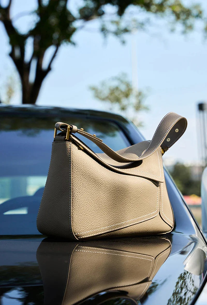 Women Genuine Leather Pillow Shoulder Bag – Geometric Design – Coffee, Khaki, Brown