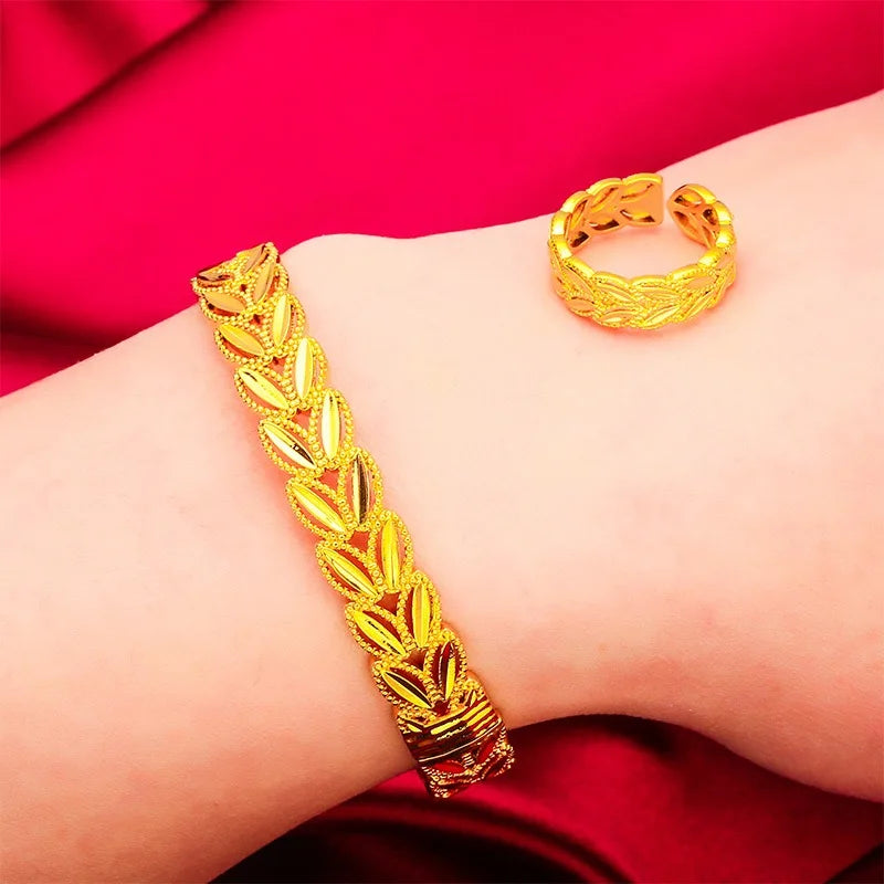 9999 Real Gold 24K Real Gold Bracelet and Ring Set for Women, Leaf Vine Man Style Bracelet, Ring, Gold Jewelry Gift