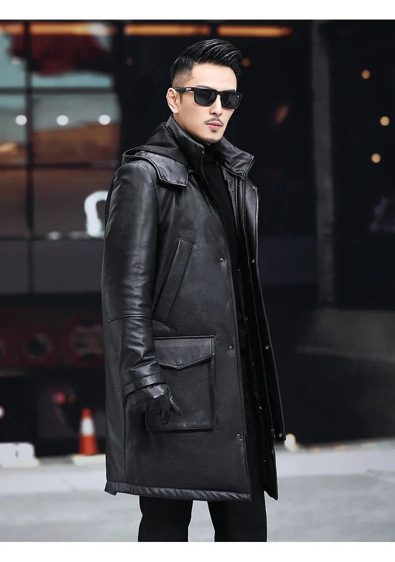 Men's Leather Down Coat, Mid Length, Hooded, Thick Warm Jacket, Large Size Outerwear, Business Male Coat, Winter
