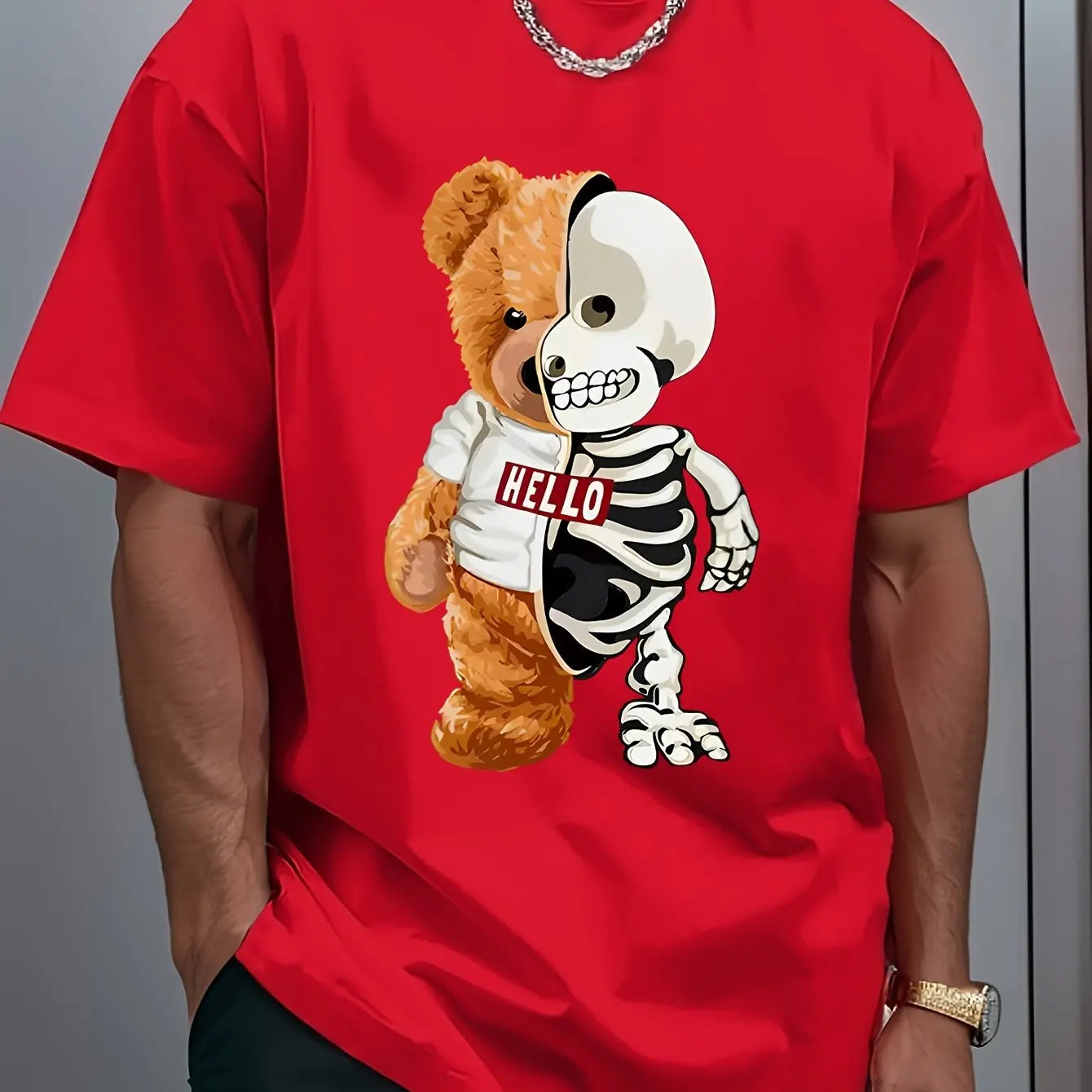 Men's 100% Cotton Casual Sports Skull Bear Printed Short Sleeve T-Shirt