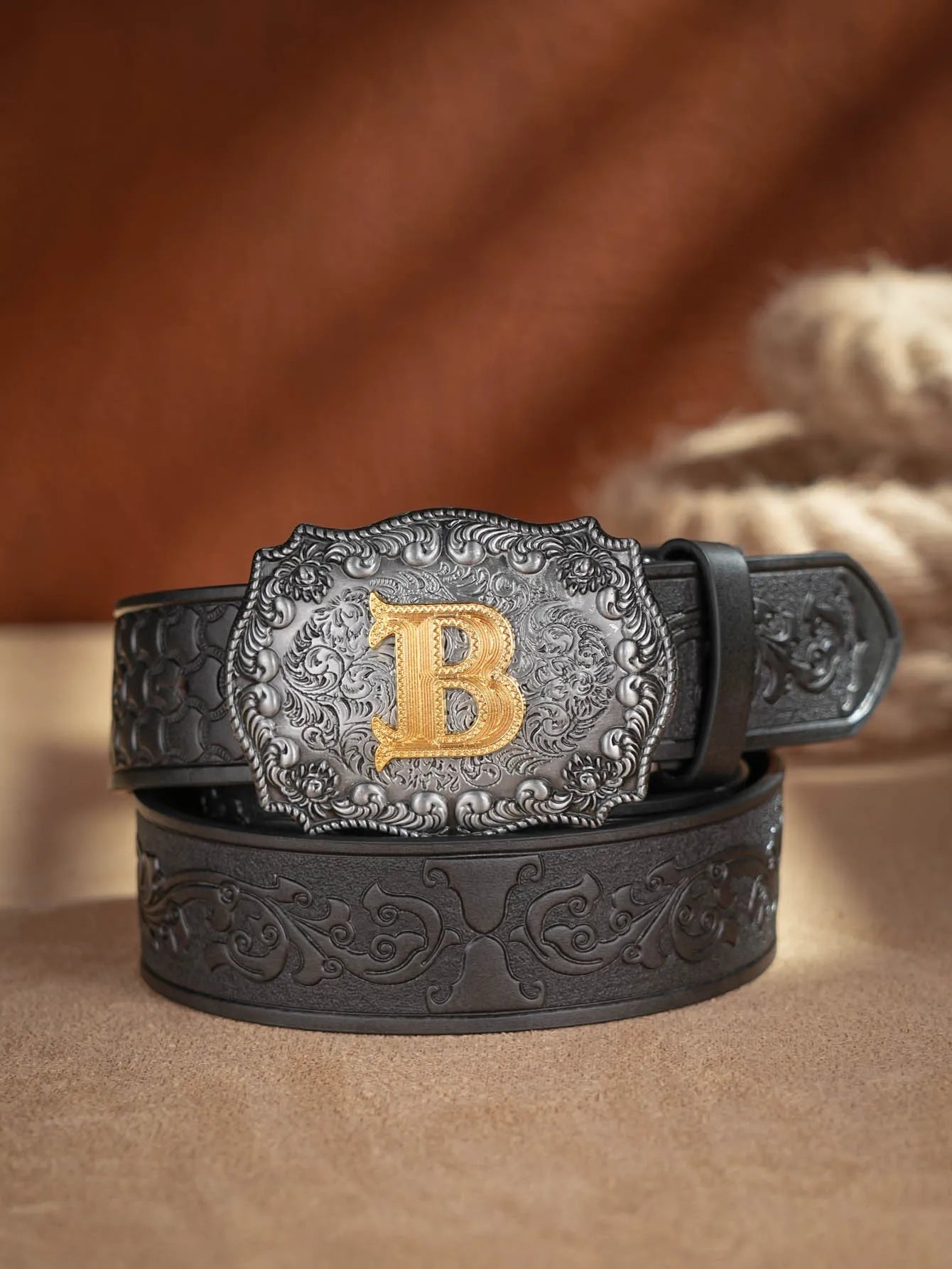 Western Cowboy PU Leather Belt - Men Waist Strap Bull Decoration Floral Engraved for Jeans