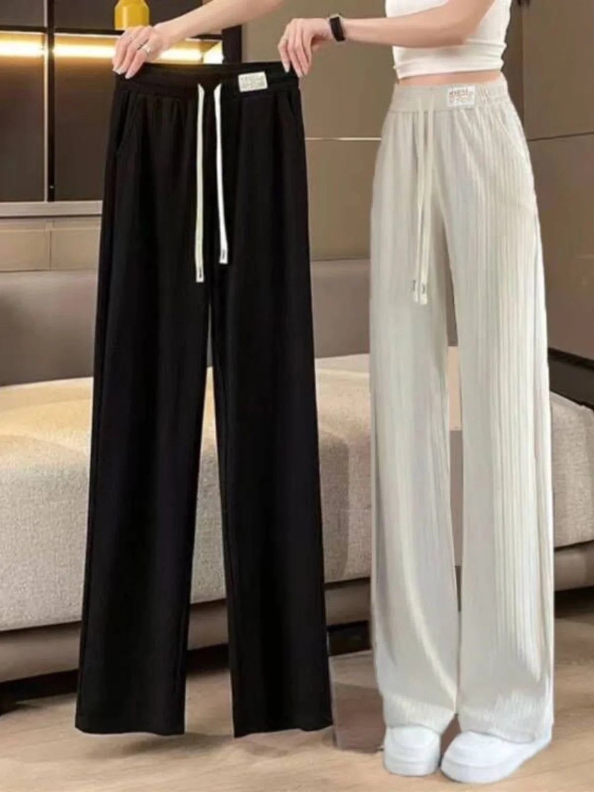 High Quali Ice Silk Wide Leg Pants Women's Straight Leg Casual Trousers Summer New Sle Trendy High Waist Nine Points