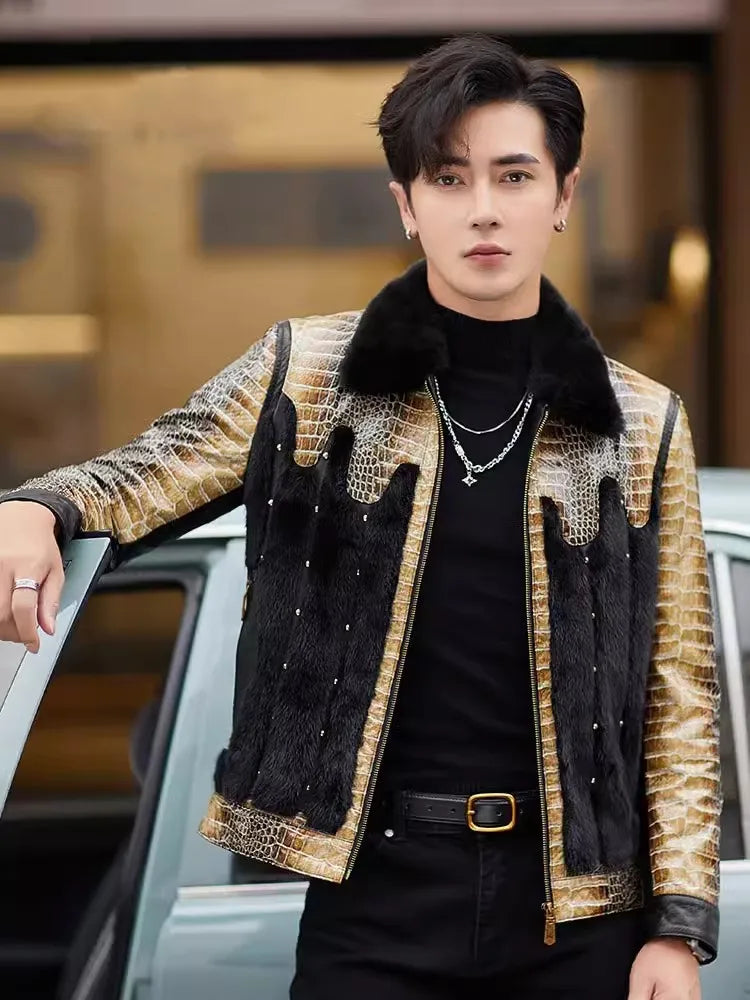 Men’s Party Mink Fur Sheepskin Leather Jacket – Slim Fit Patchwork Winter Coat