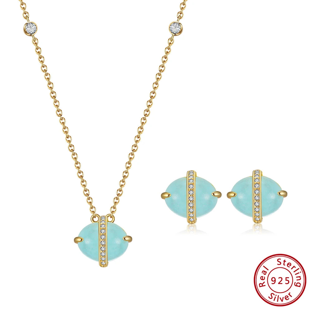 ORSA JEWELS 925 Sterling Silver Natural Aquamarine Earrings Necklace Ring Set 14K Gold Plated for Women Jewelry Sets Gift SSGM04