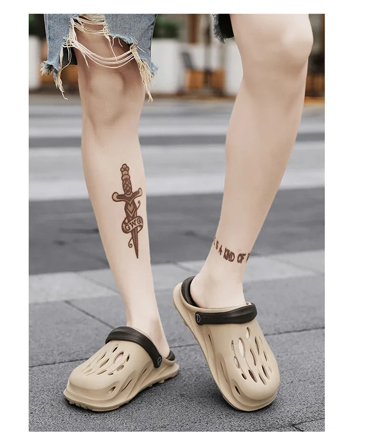 Summer Men's Fashion Beach Sandals Clogs Thick Sole Slipper Waterproof Anti-Slip Sandals Flip Flops Non-slip Soft EVA Hole Shoes