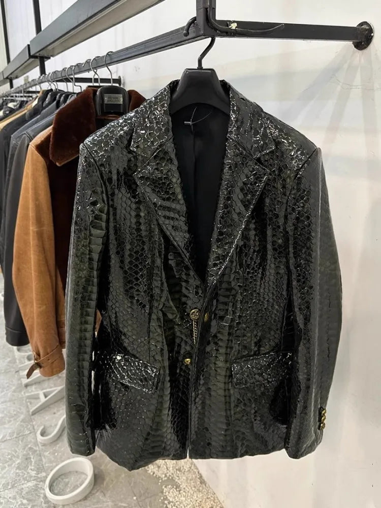 Luxury Mens Genuine Leather Coat Long Sleeve Turn-Down Collar Designer New Fashion Casual Snake Pattern Sheepskin Suit Jacket