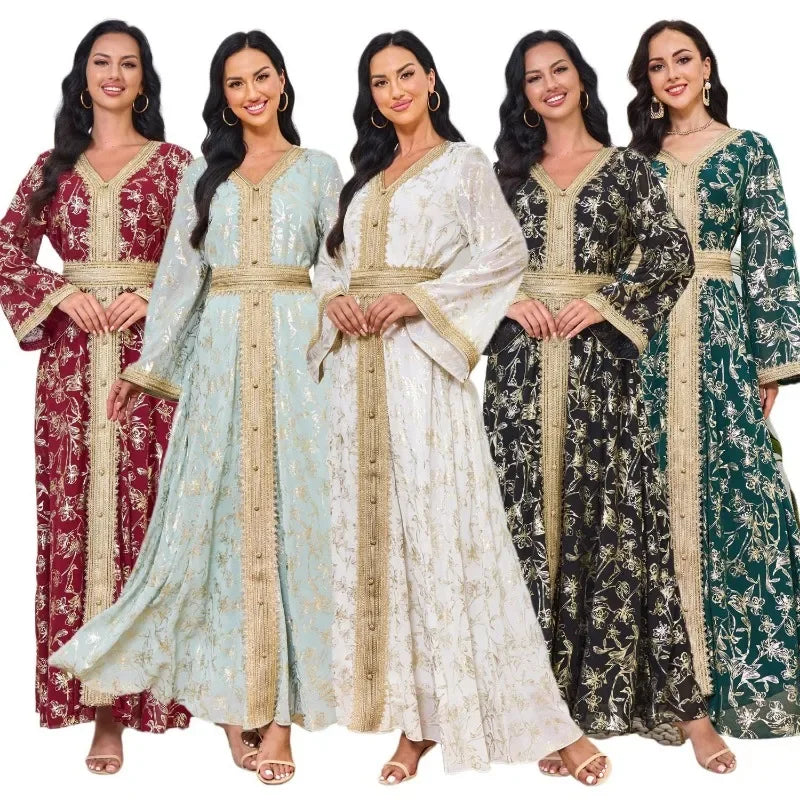 KAF Dubai Luxury Evening Party Dress 2025 Spring Fall New V-neck Long Sleeve Retro Printing Design Loose Large Size Female Abaya