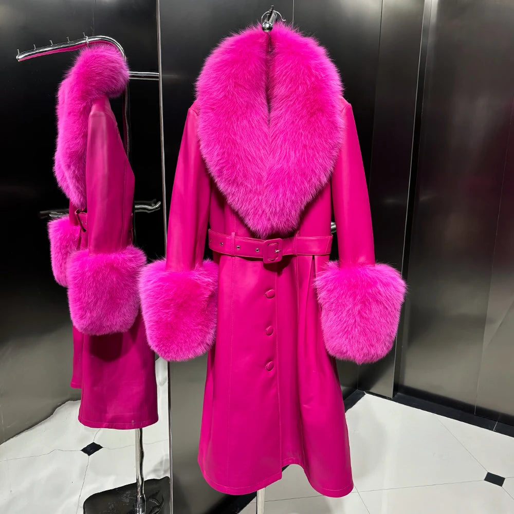 Black Leather Jacket With Fox Fur Collar Real Sheepskin Long Leather Jackets Leather Jacket Women 2025 Winter