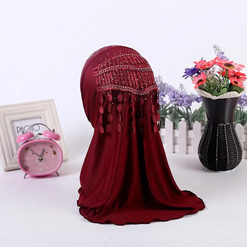 Amira-Muslim Girls Headwear with Diamond Tassel Islamic Prayer Headscarf Arab Soft Wrapped Scarf Plain Shawls Middle East