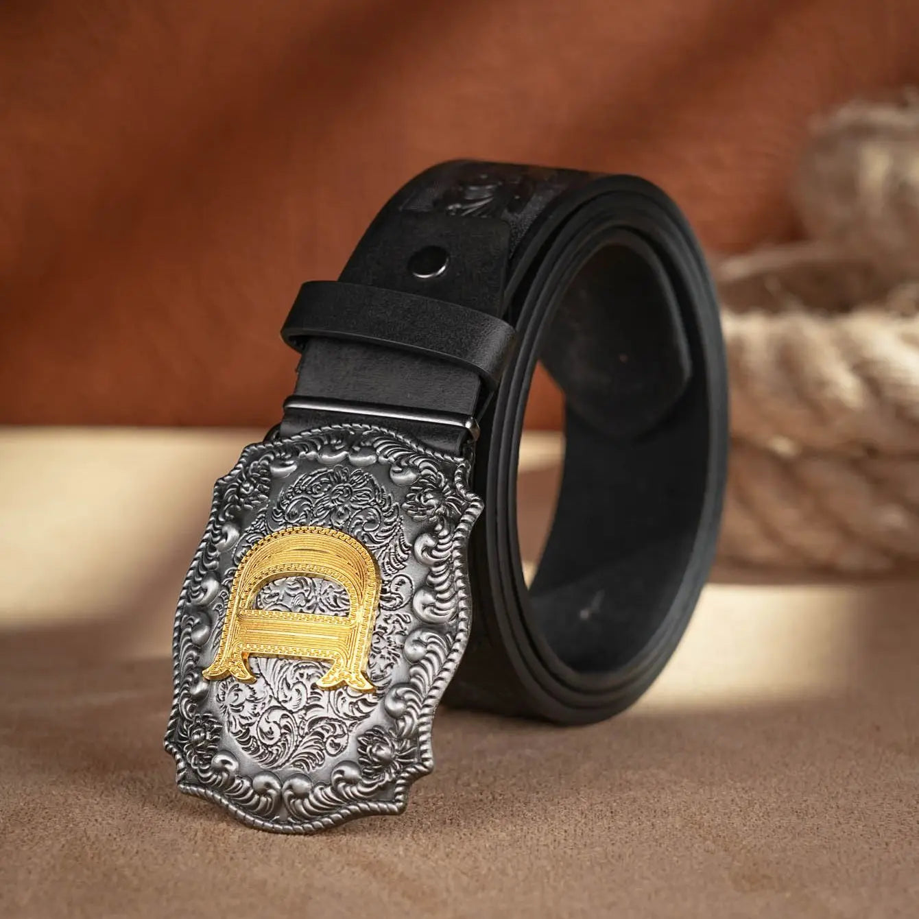 Western Cowboy PU Leather Belt - Men Waist Strap Bull Decoration Floral Engraved for Jeans