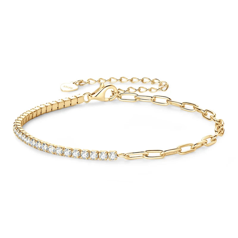 Lnngy 2mm Moissanite Bracelet Korean Ins 925 Sterling Silver Paper Clip Chain Adjustable Bracelets For Women Simple Hand Jewerly