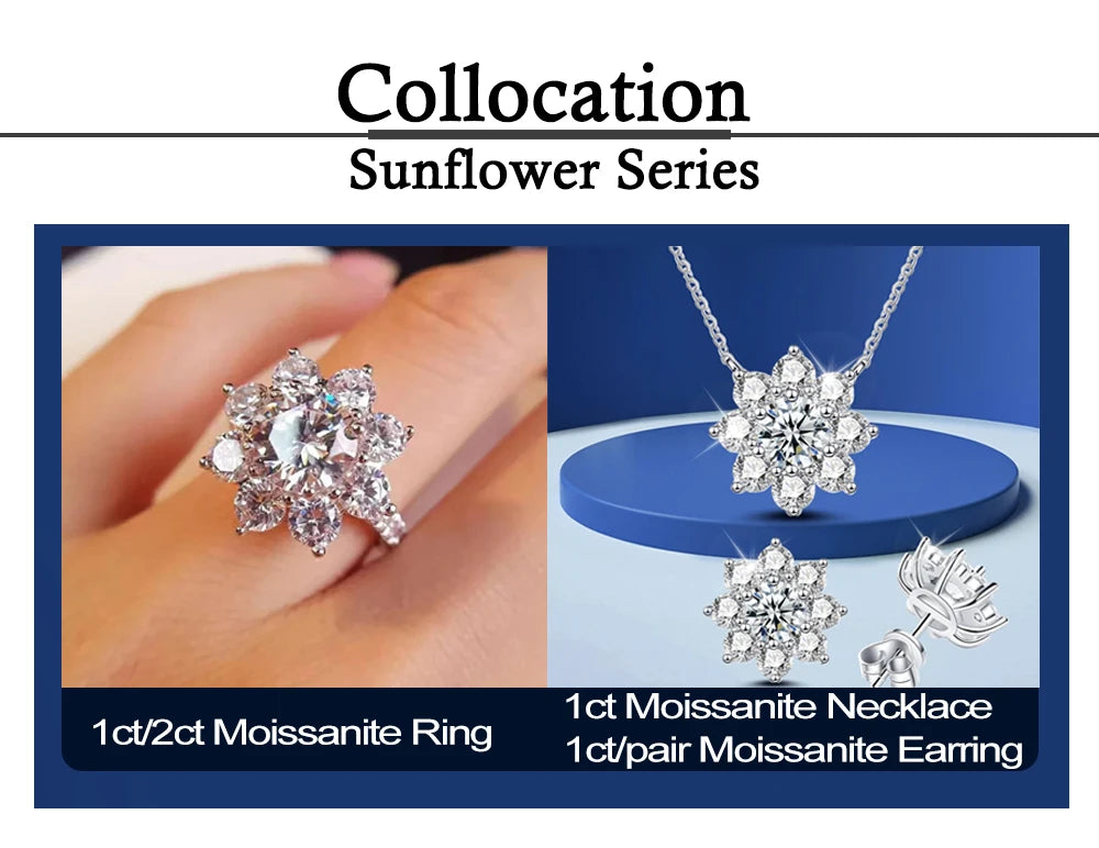 925 Sterling Silver Original Certified 2cttw Moissanite Jewelry Sets For Women Sunflower Pendant Necklace Earring Fine Jewelry