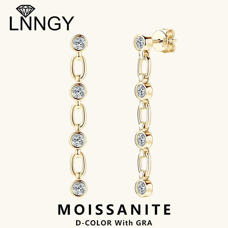 Lnngy 3mm Bezel Moissanite Earrings For Women Exquisite 925 Sterling Silver Long Tassel Earring Wedding Drop Jewelry Gift
