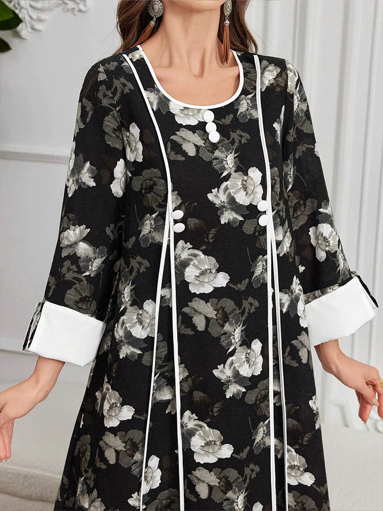 Rafiah Ramadan Women's Dresses Wide Long Sleeve Arabic Dress with Front Stripe Design and Wide Hem V-Neck Printed Linen