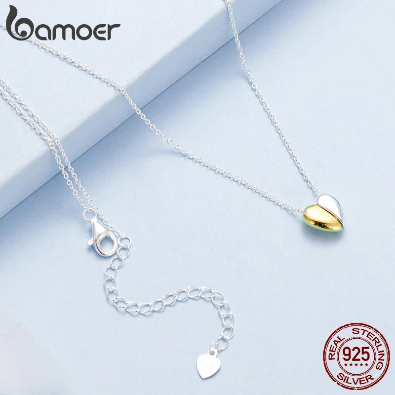 BAMOER Gold Plated Heart Pendant Necklace for Women, 925 Sterling Silver Couple Heart Fashion Waterproof Metal Daily Jewelry