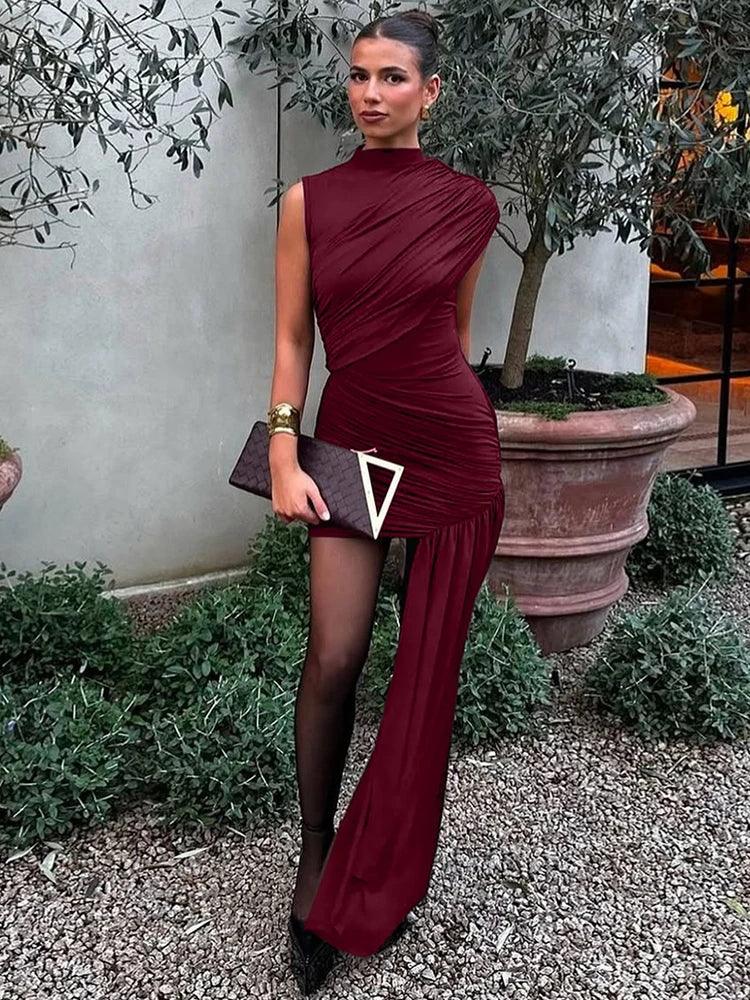 Women's Sleeveless Irregular Draped Ruched Bodycon Party Dress – Elegant Slim Fit, Floor-Length